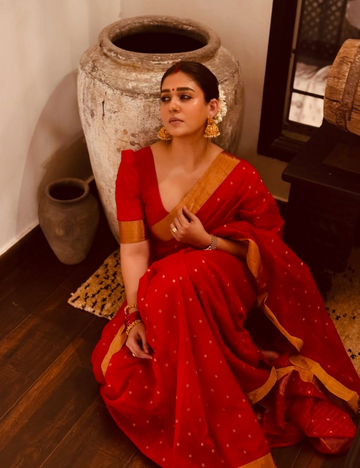 Nayanthara inspired Red Banarasi Katan Silk Saree