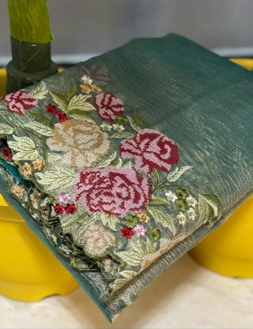 Banarasi Blue Embroidery Crushed Tissue