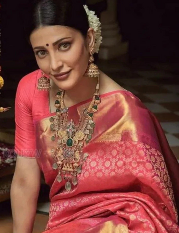 Shruthi Hasan inspired Pink Banarasi Tissue Silk Saree