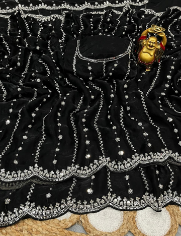 Luxurious Designer Space Silk with Beads worK - Black