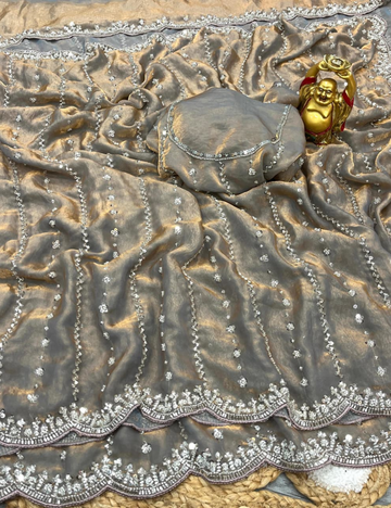 Luxurious Designer Space Silk with Beads worK - Subtle Grey