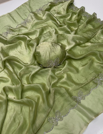 Space Silk Saree Butterfly Design - Light Green