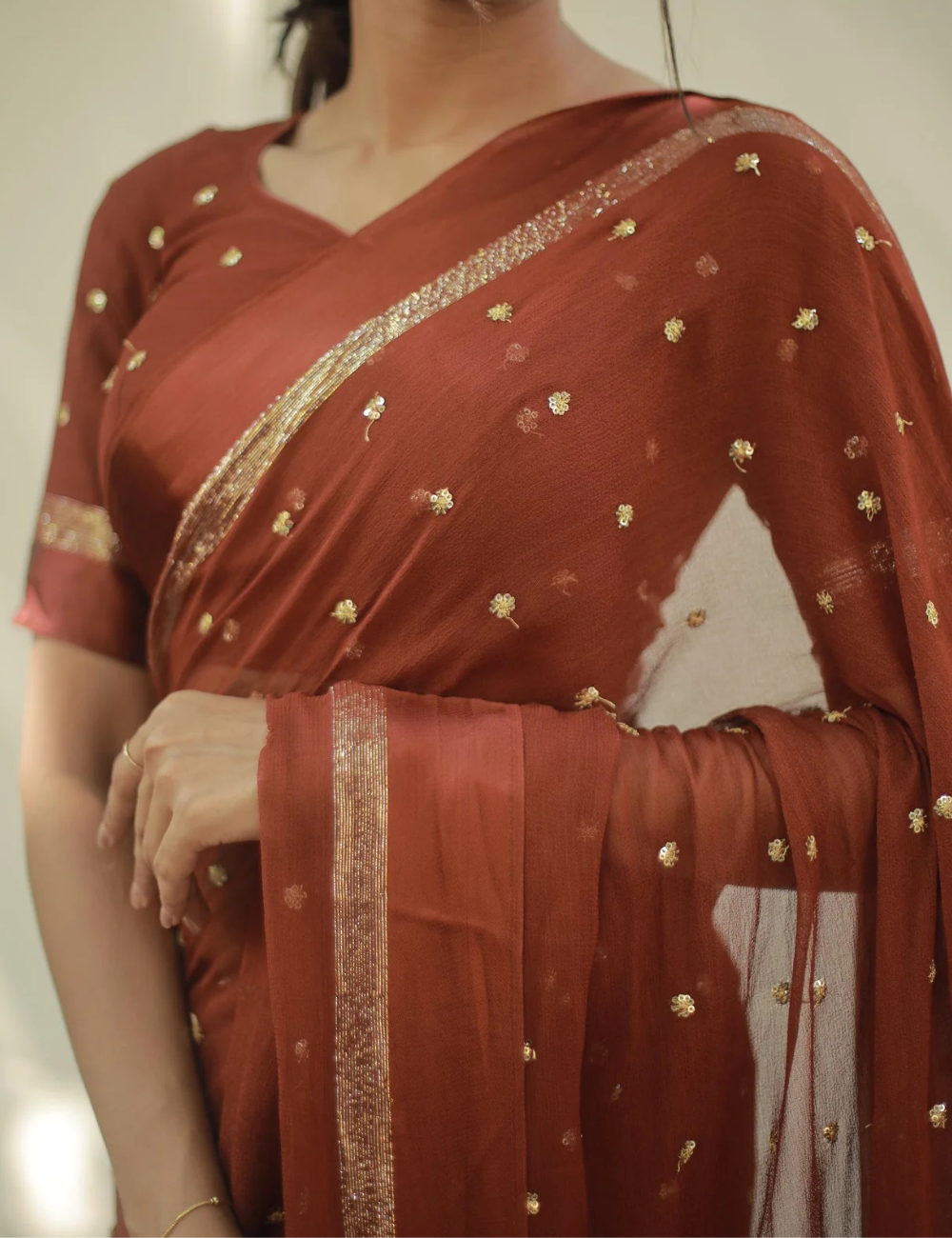 Pure Viscose Georgette Brown Saree With Satin Border