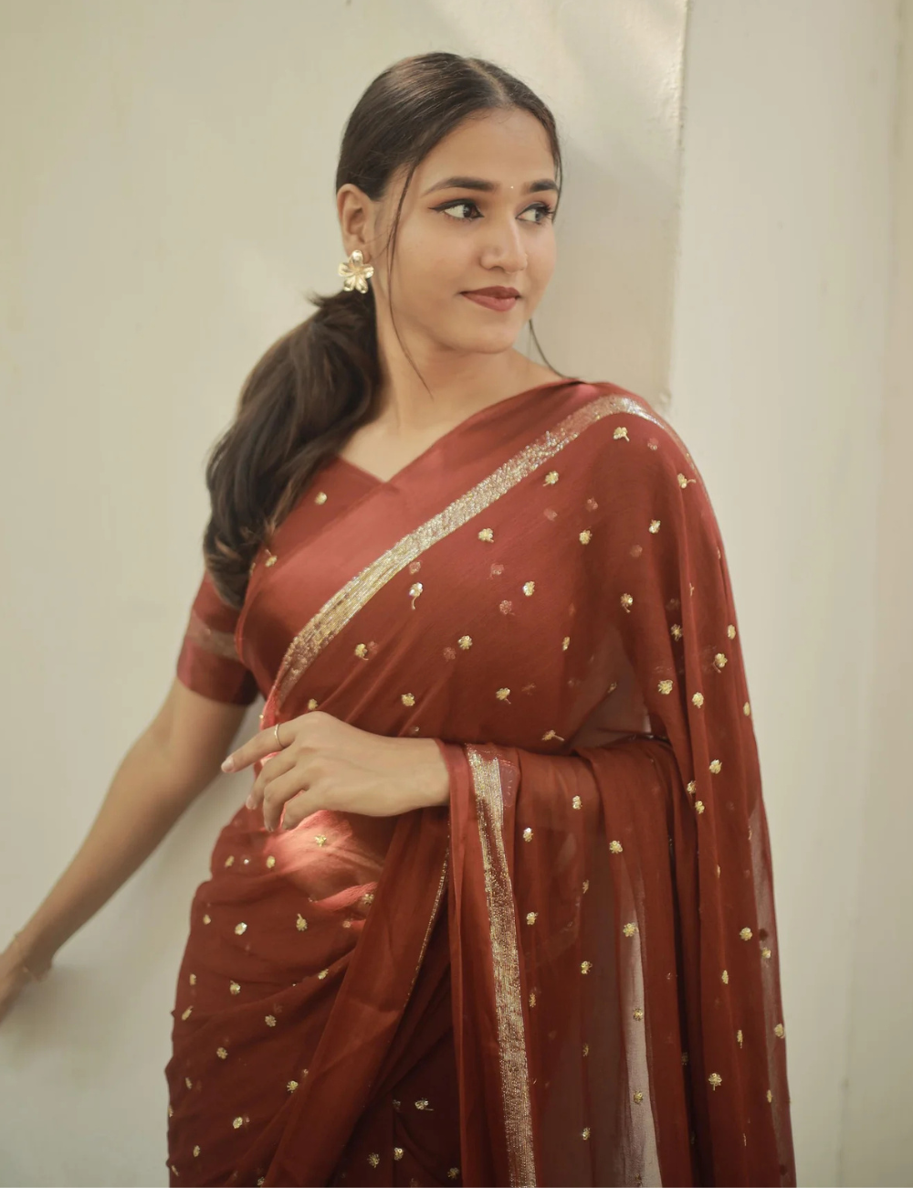 Pure Viscose Georgette Brown Saree With Satin Border