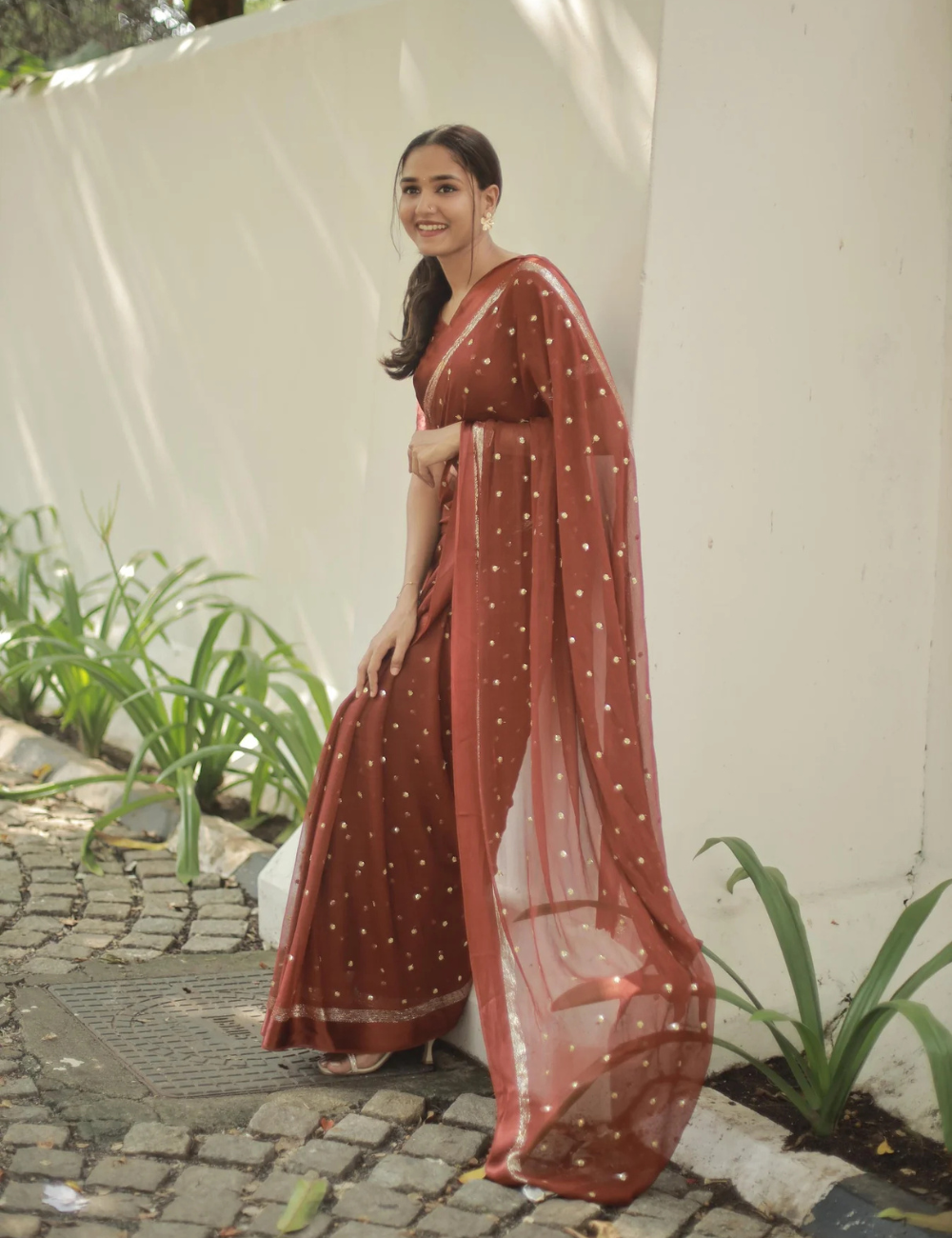 Pure Viscose Georgette Brown Saree With Satin Border