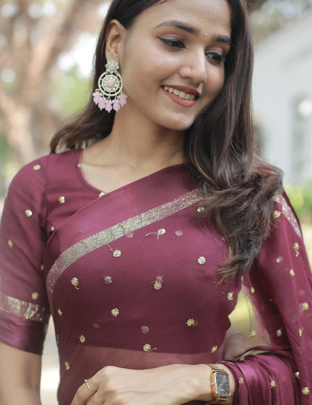 Pure Viscose Georgette Wine Saree With Satin Border