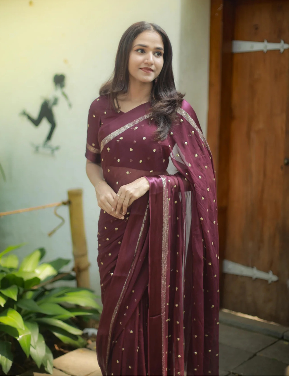Pure Viscose Georgette Wine Saree With Satin Border