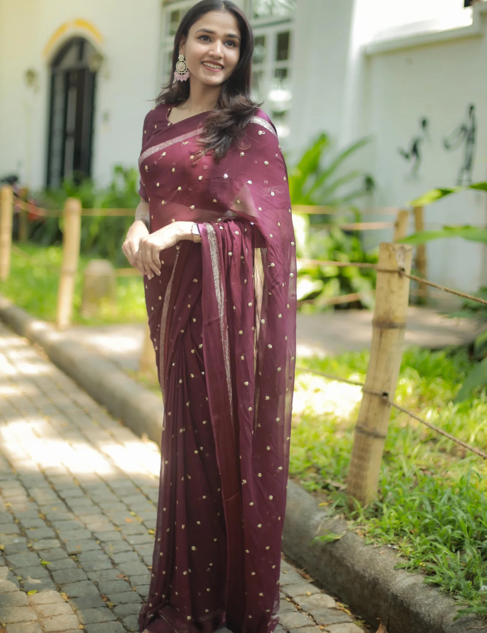 Pure Viscose Georgette Wine Saree With Satin Border