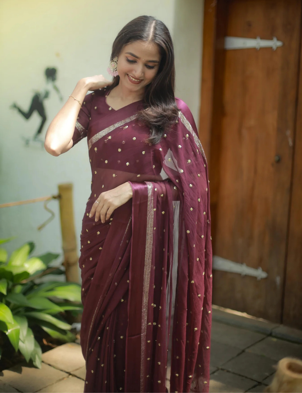 Pure Viscose Georgette Wine Saree With Satin Border