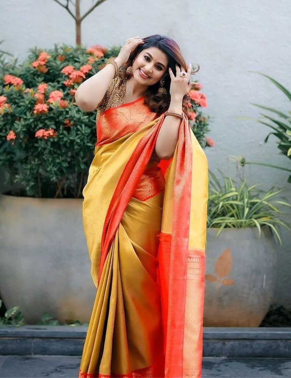 Sneha Inspried Gold Banarasi Tissue Silk Saree