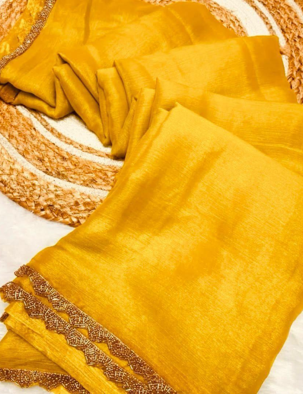 Space Silk Saree with Katdana work - Yellow