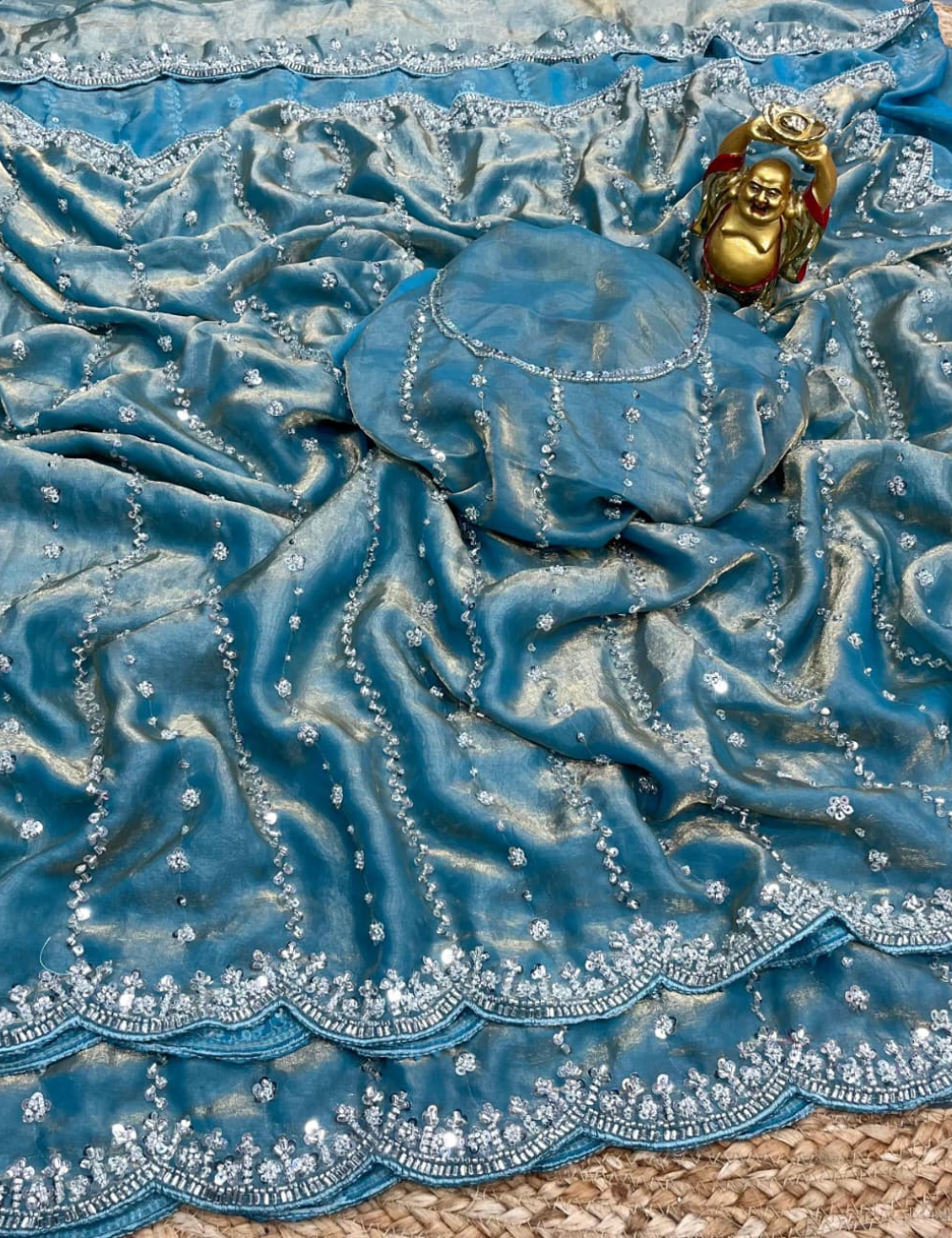 Luxurious Designer Space Silk with Beads worK - Muted Blue