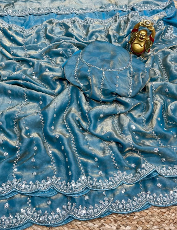 Luxurious Designer Space Silk with Beads worK - Muted Blue