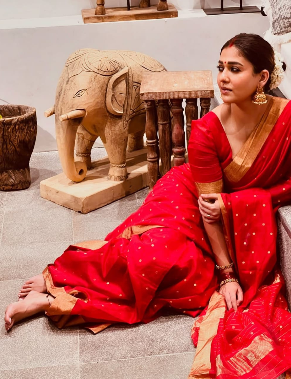 Nayanthara inspired Red Banarasi Katan Silk Saree