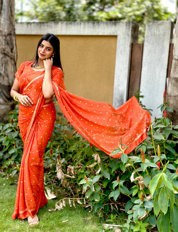 Pure Viscose Georgette Rust Saree With Satin Border