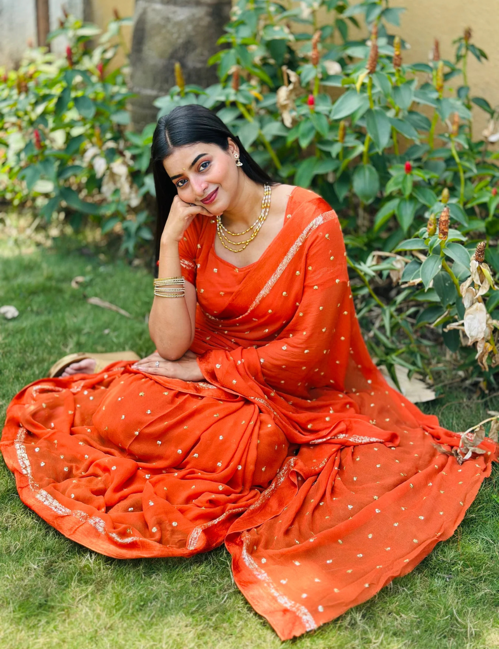 Pure Viscose Georgette Rust Saree With Satin Border
