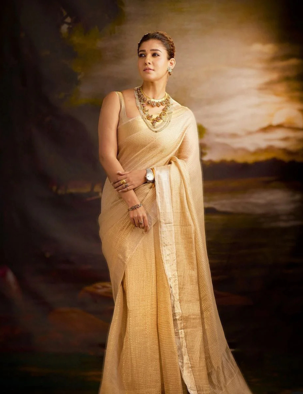 Nayantara inspired Gold Banarasi Tissue Silk Saree