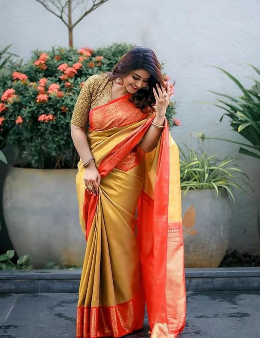 Sneha Inspried Gold Banarasi Tissue Silk Saree