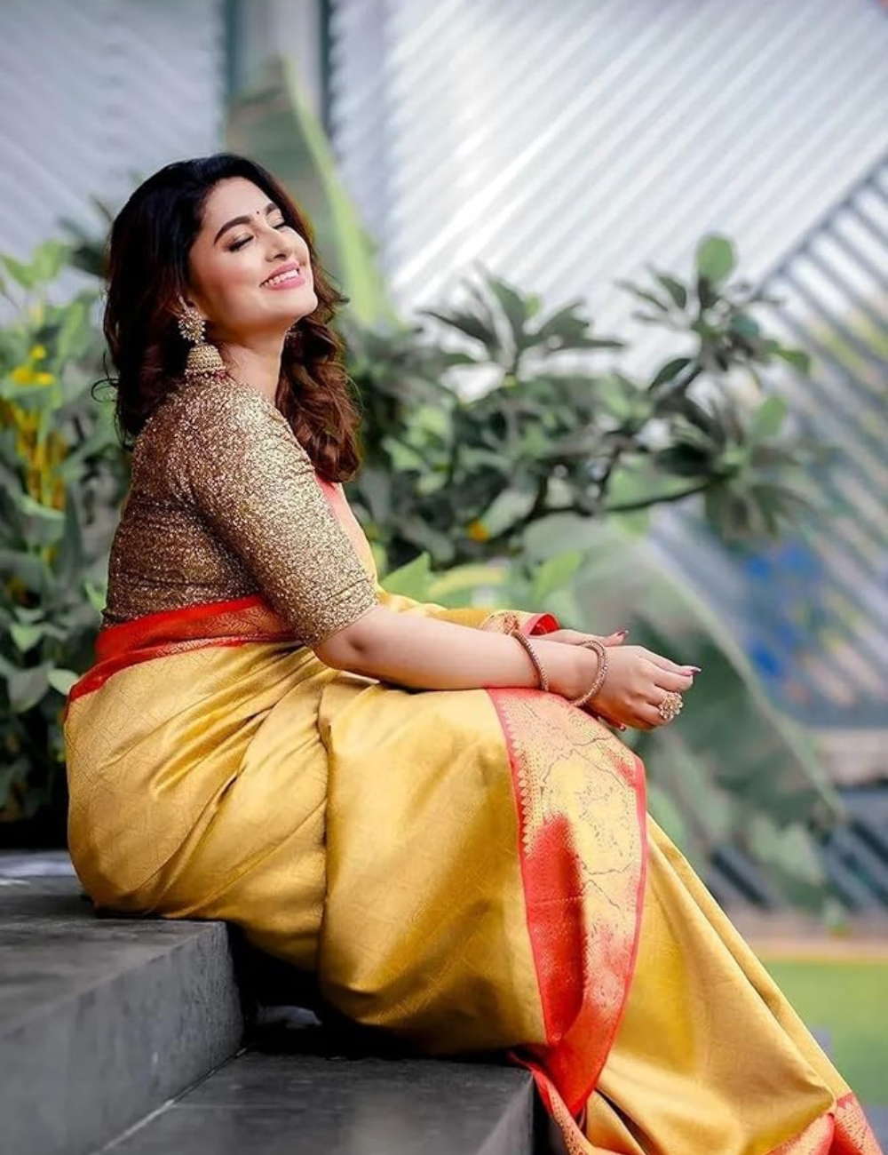 Sneha Inspried Gold Banarasi Tissue Silk Saree