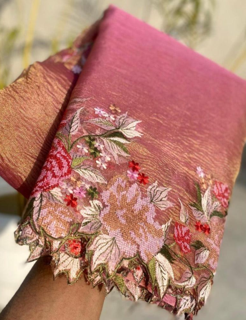 Banarasi pink Embroidery Crushed Tissue