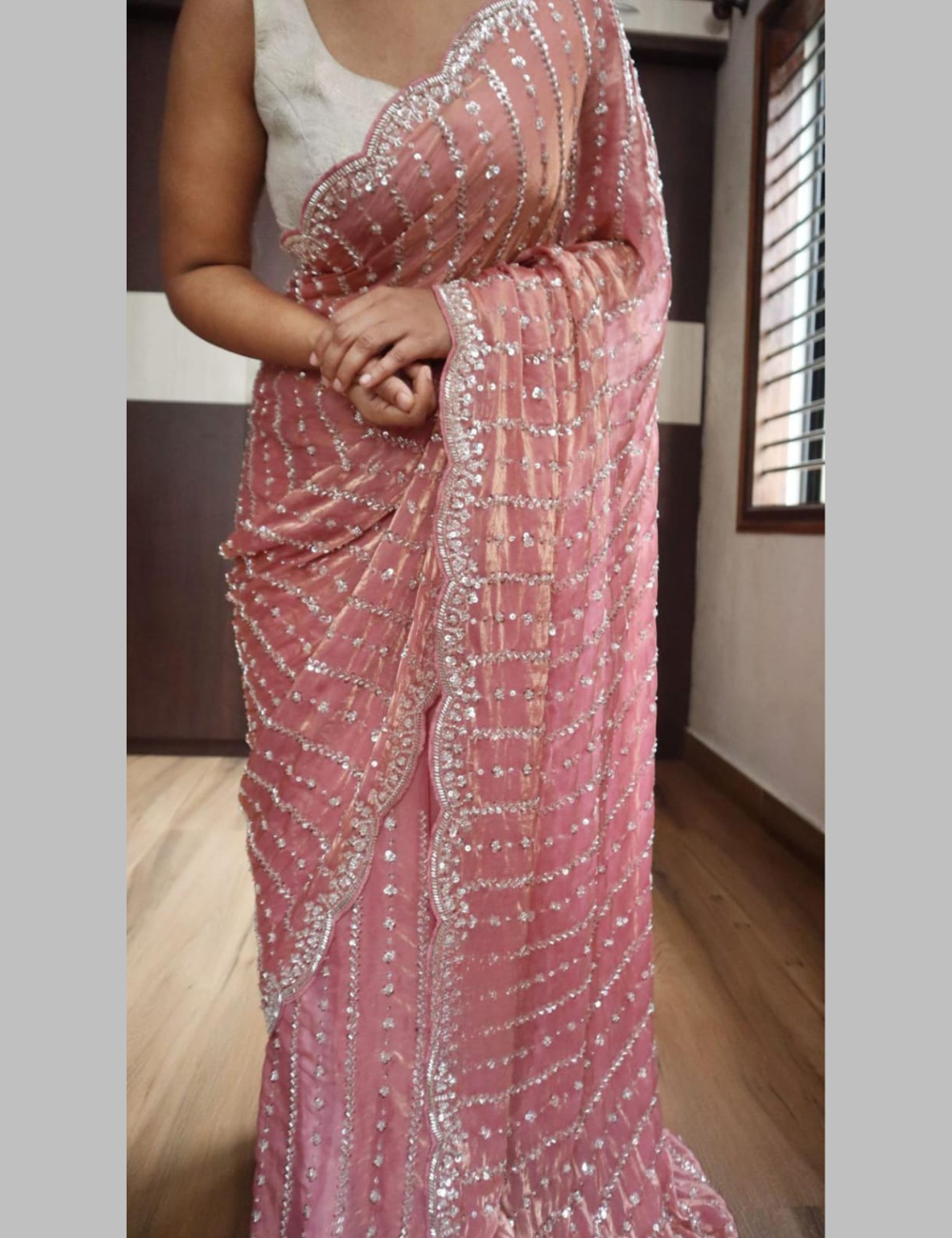 Luxurious Designer Space Silk with Beads worK - Pink