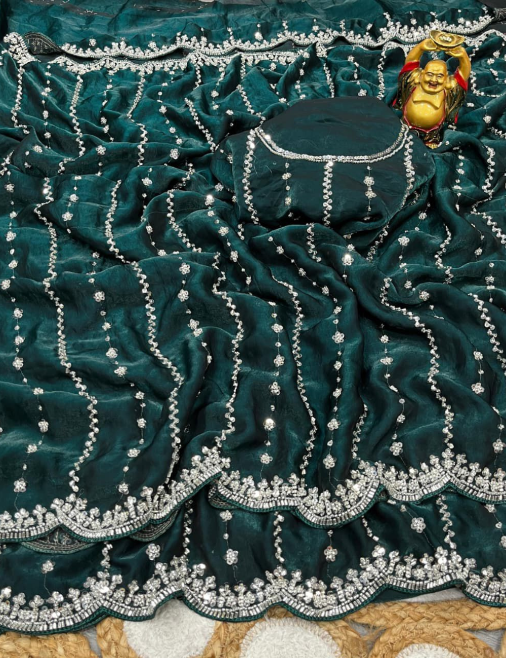 Luxurious Designer Space Silk with Beads worK - Dark Green