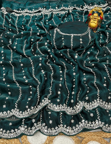 Luxurious Designer Space Silk with Beads worK - Dark Green