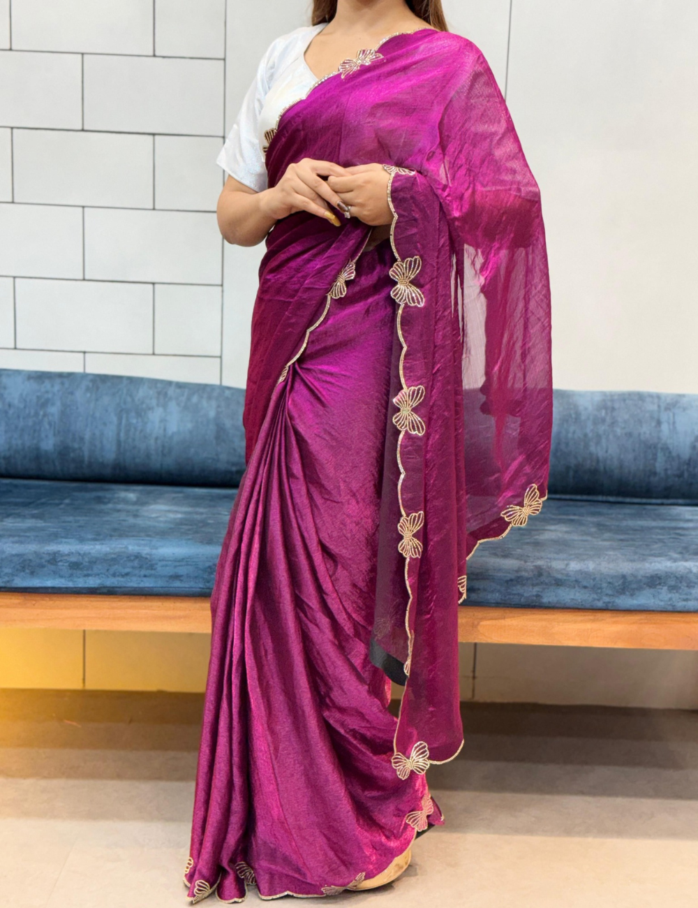 Space Silk Saree Butterfly Design -  Deep Magenta