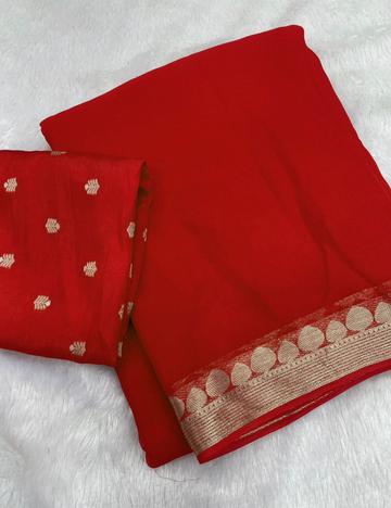 Pure Chinnon Viscose Plain with Jacquard Border - Red