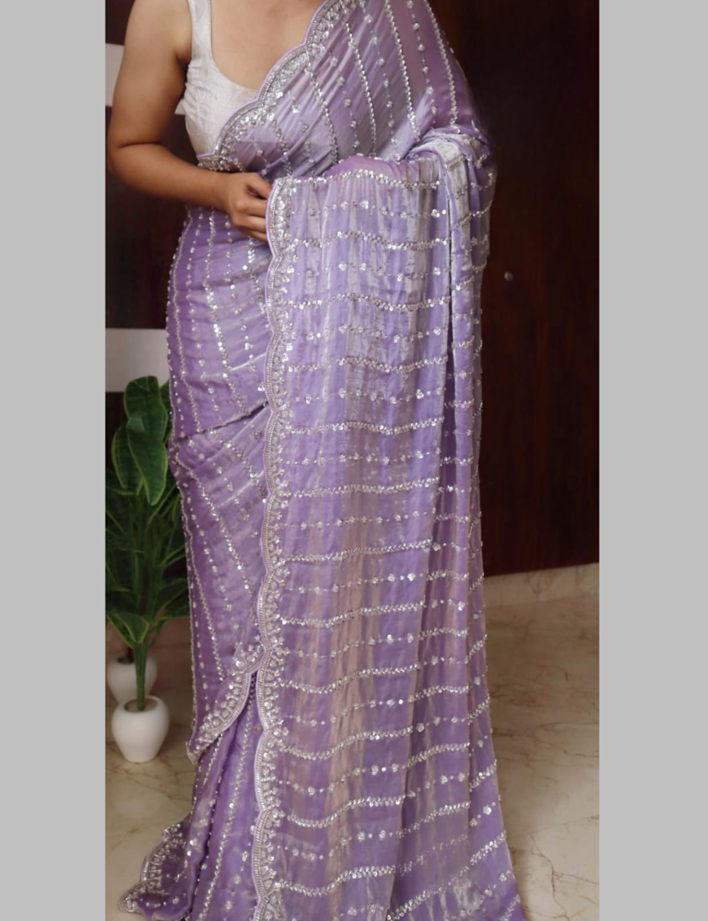 Luxurious Designer Space Silk with Beads worK - Purple