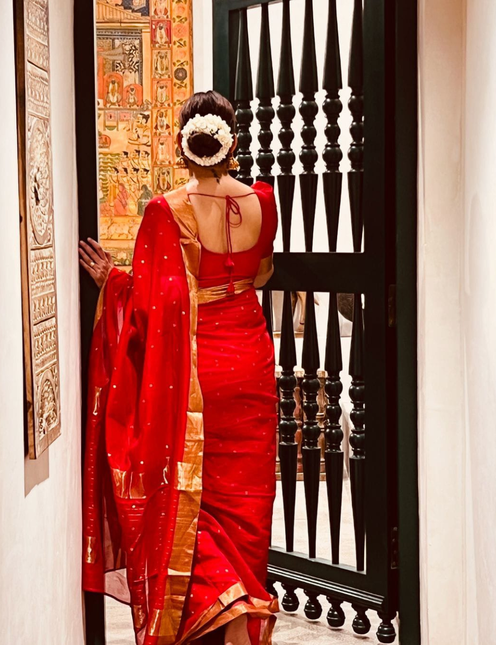 Nayanthara inspired Red Banarasi Katan Silk Saree