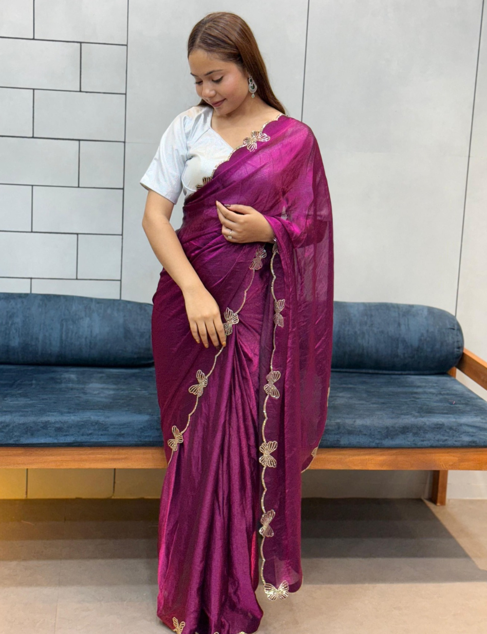 Space Silk Saree Butterfly Design -  Deep Magenta
