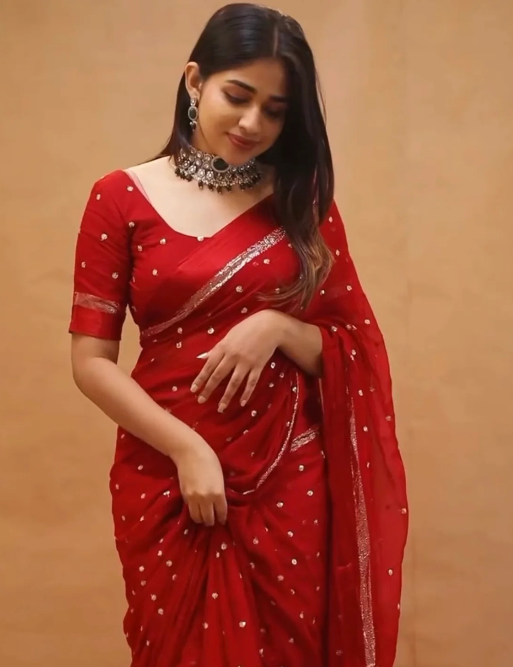 Pure Viscose Georgette Red Saree With Satin Border