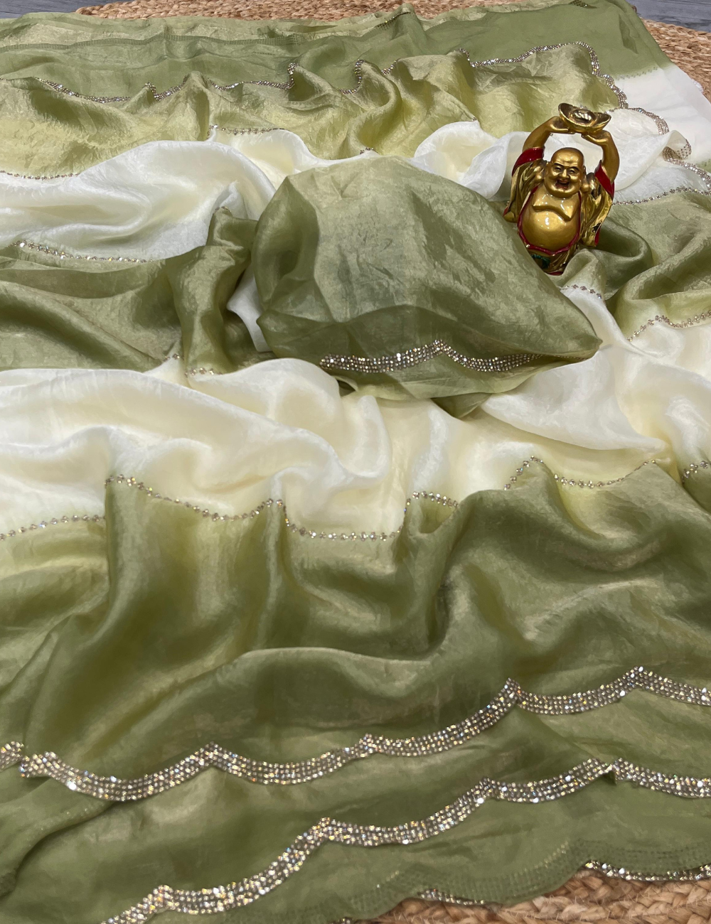 Space Silk Saree- Green and White