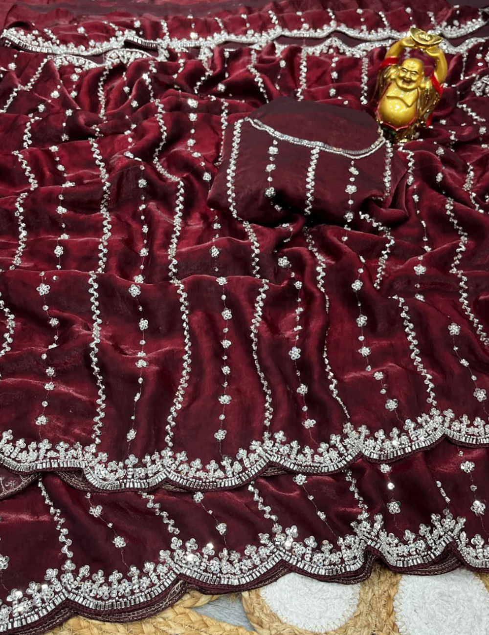 Luxurious Designer Space Silk with Beads worK - Maroon