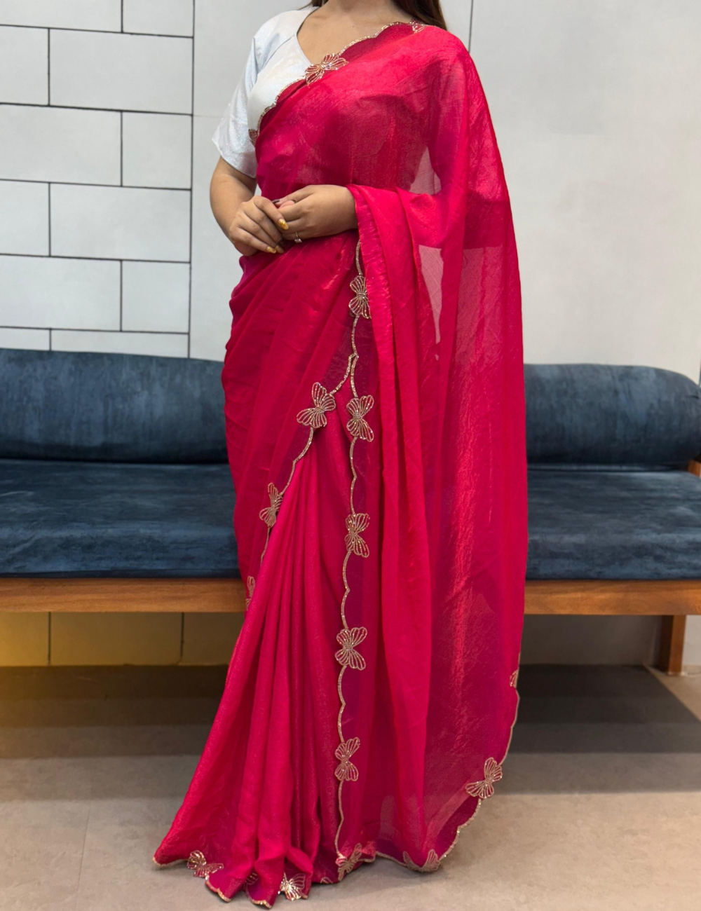 Space Silk Saree Butterfly Design - Pink