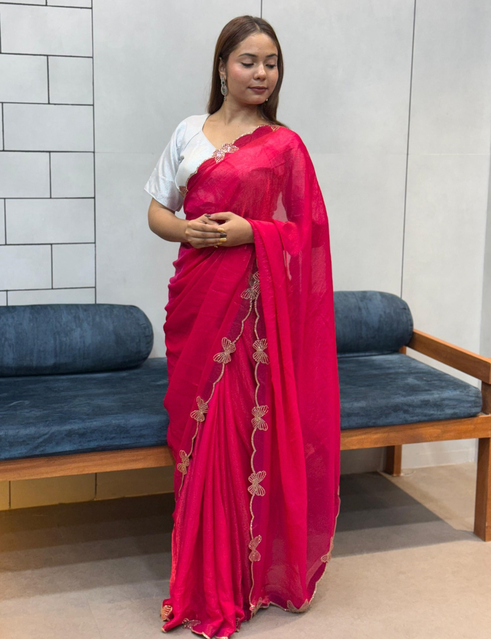 Space Silk Saree Butterfly Design - Pink