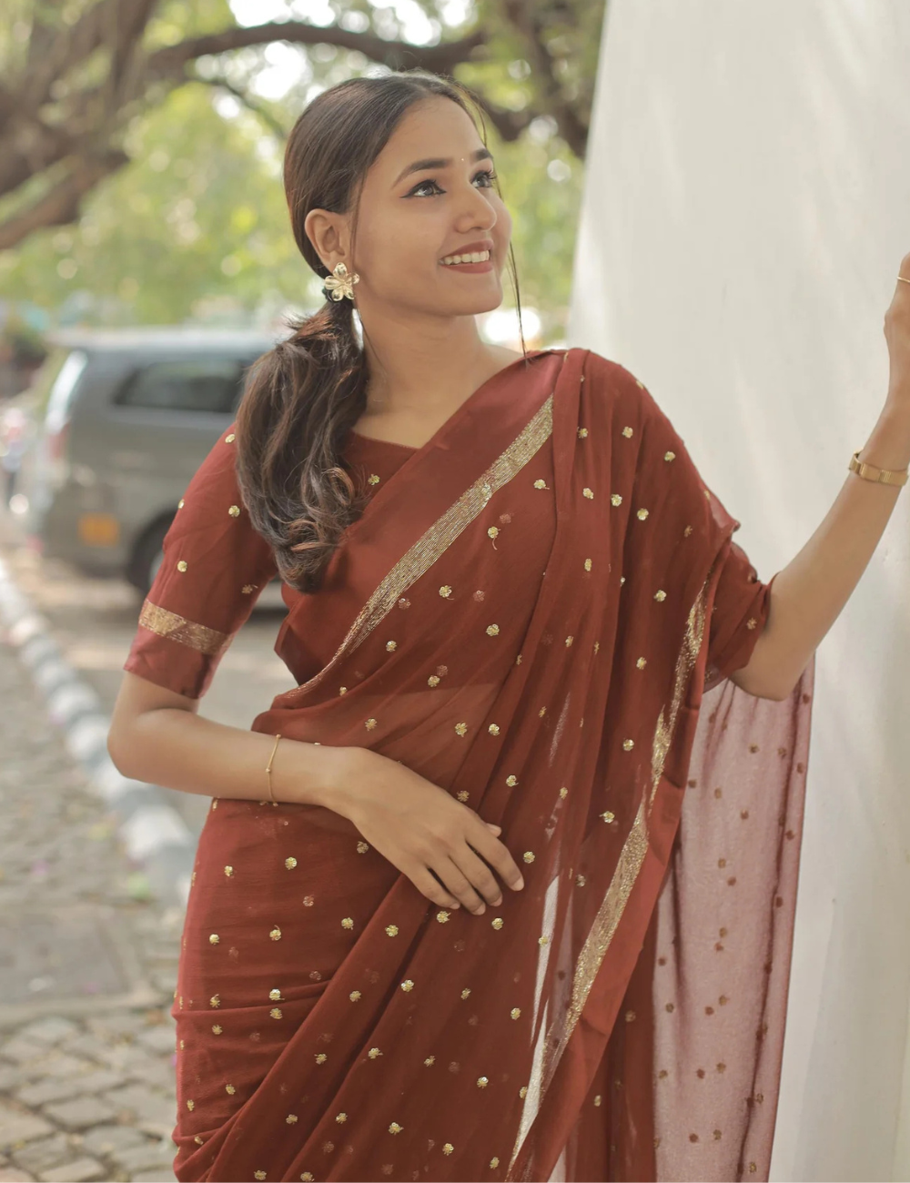 Pure Viscose Georgette Brown Saree With Satin Border