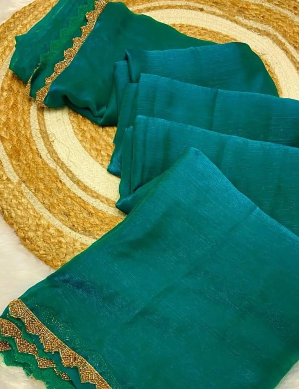 Space Silk Saree with Katdana work - Teal Green