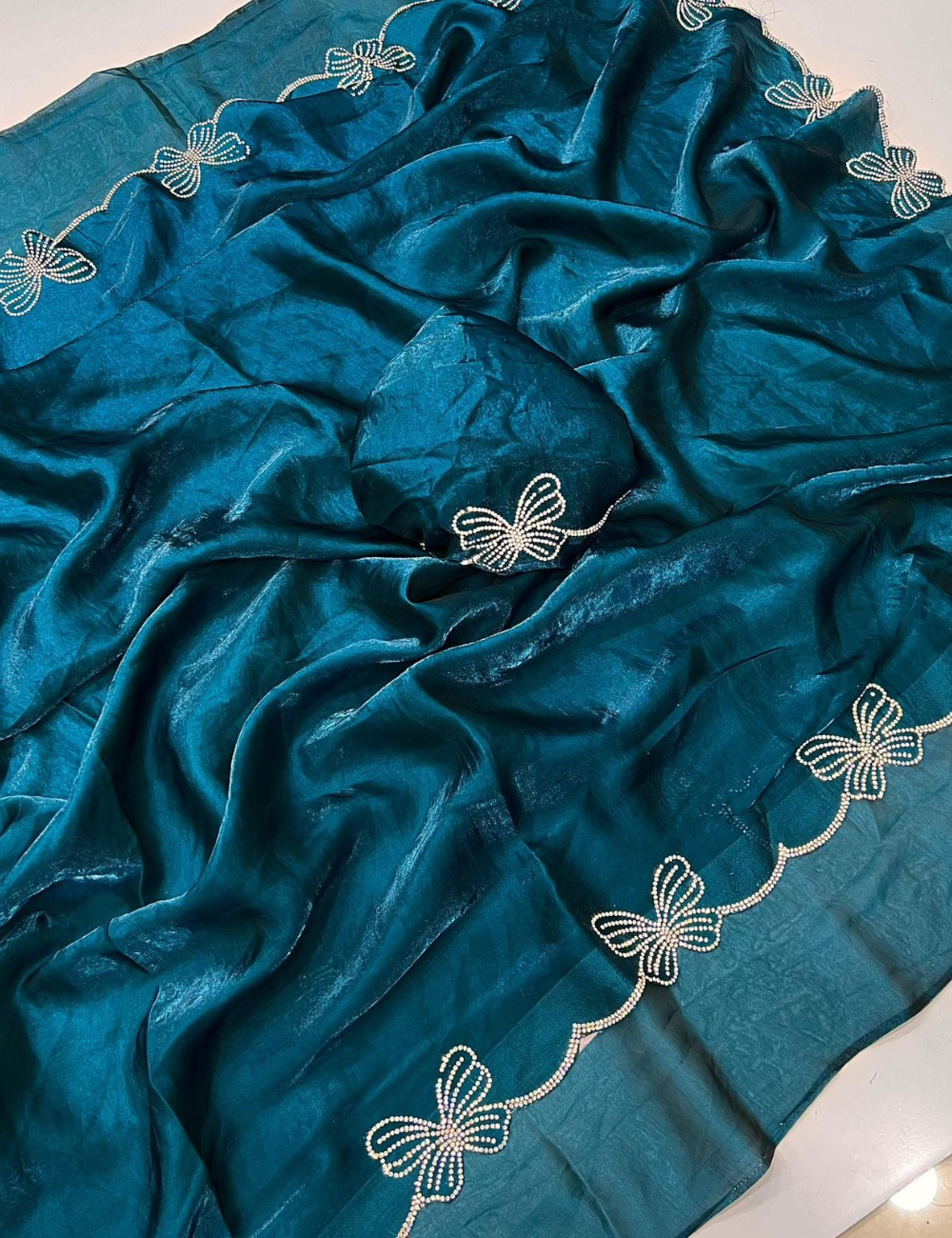 Space Silk Saree Butterfly Design - Teal Blue