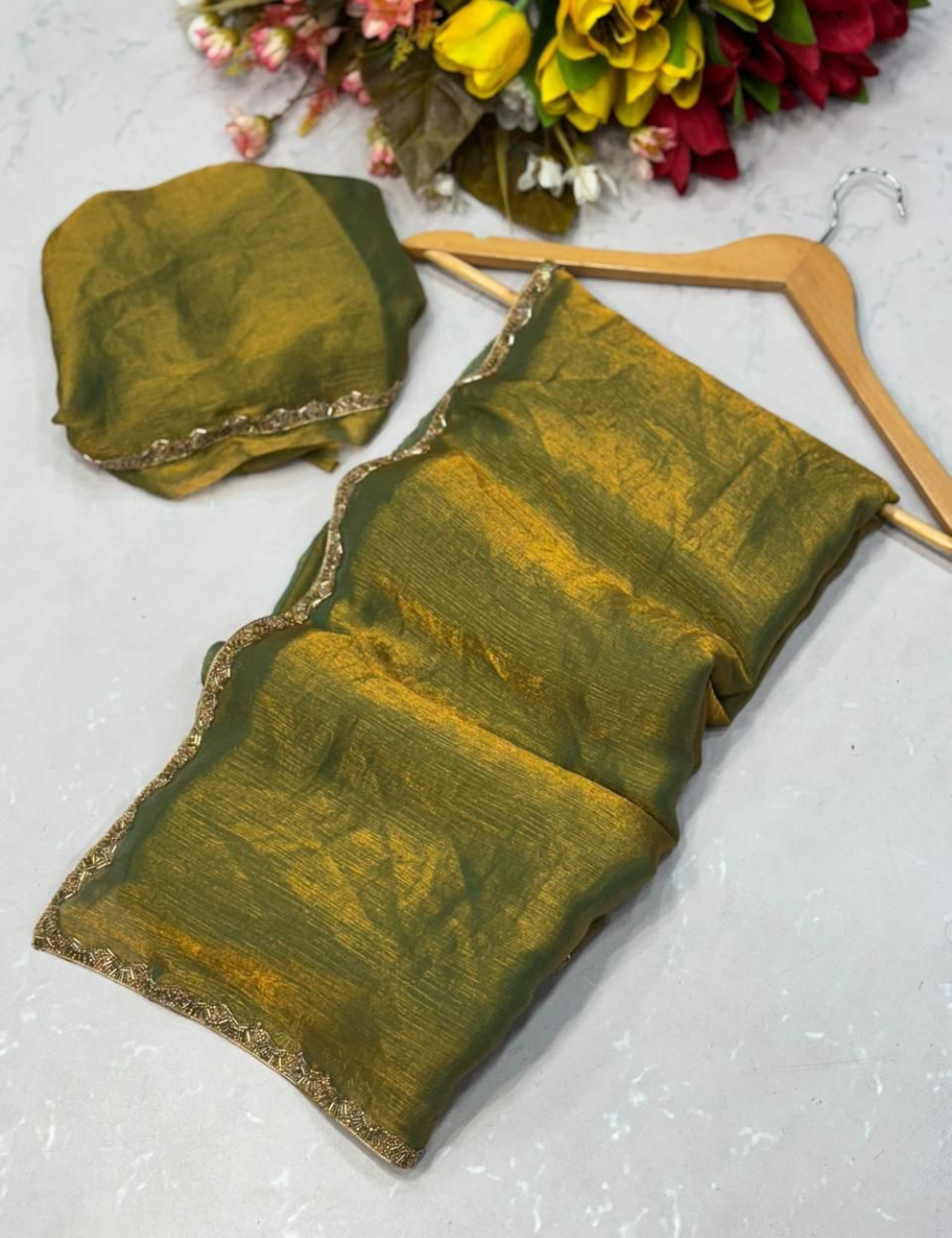 Space Silk Saree with Katdana & Moti Lace Border - Mahendi Green