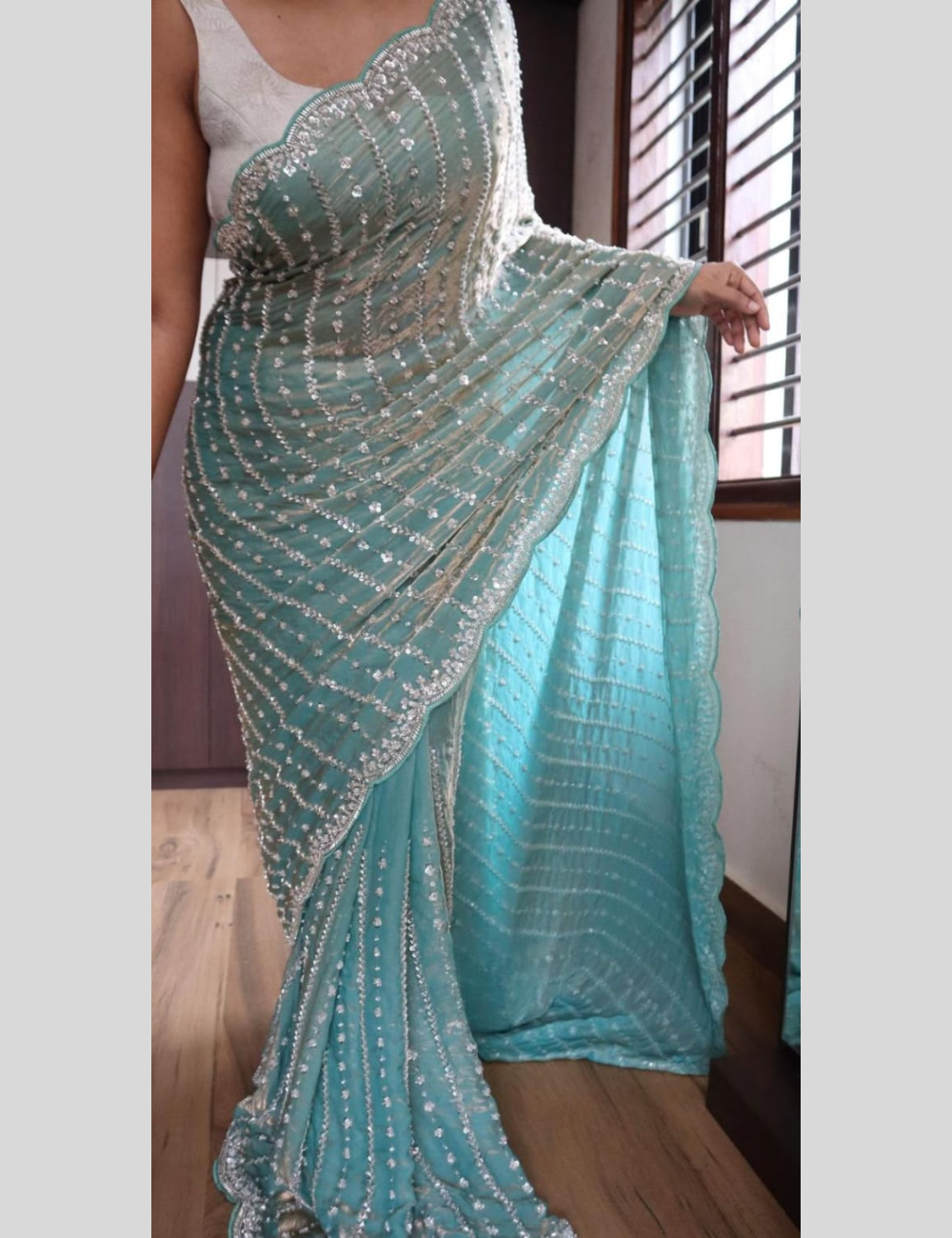 Luxurious Designer Space Silk with Beads worK - Muted Blue