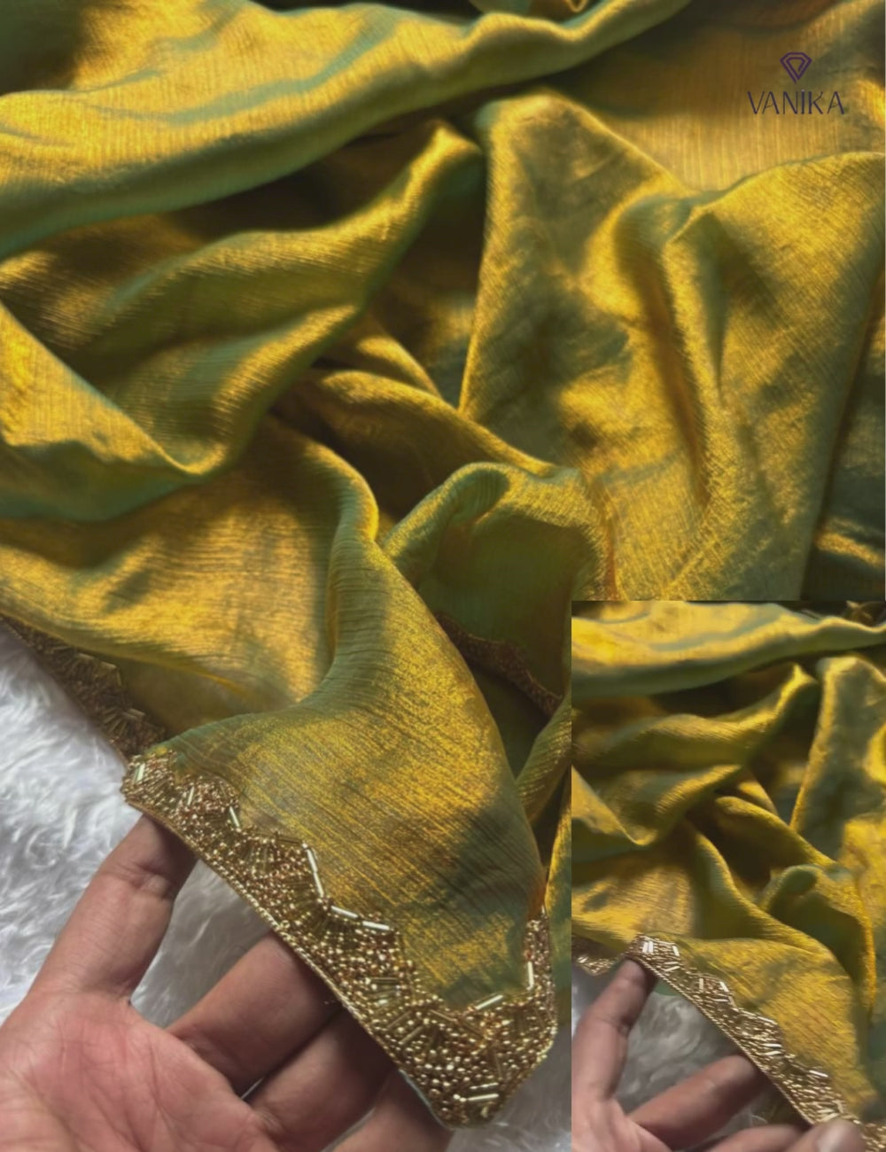 Space Silk Saree with Katdana & Moti Lace Border - Mahendi Green